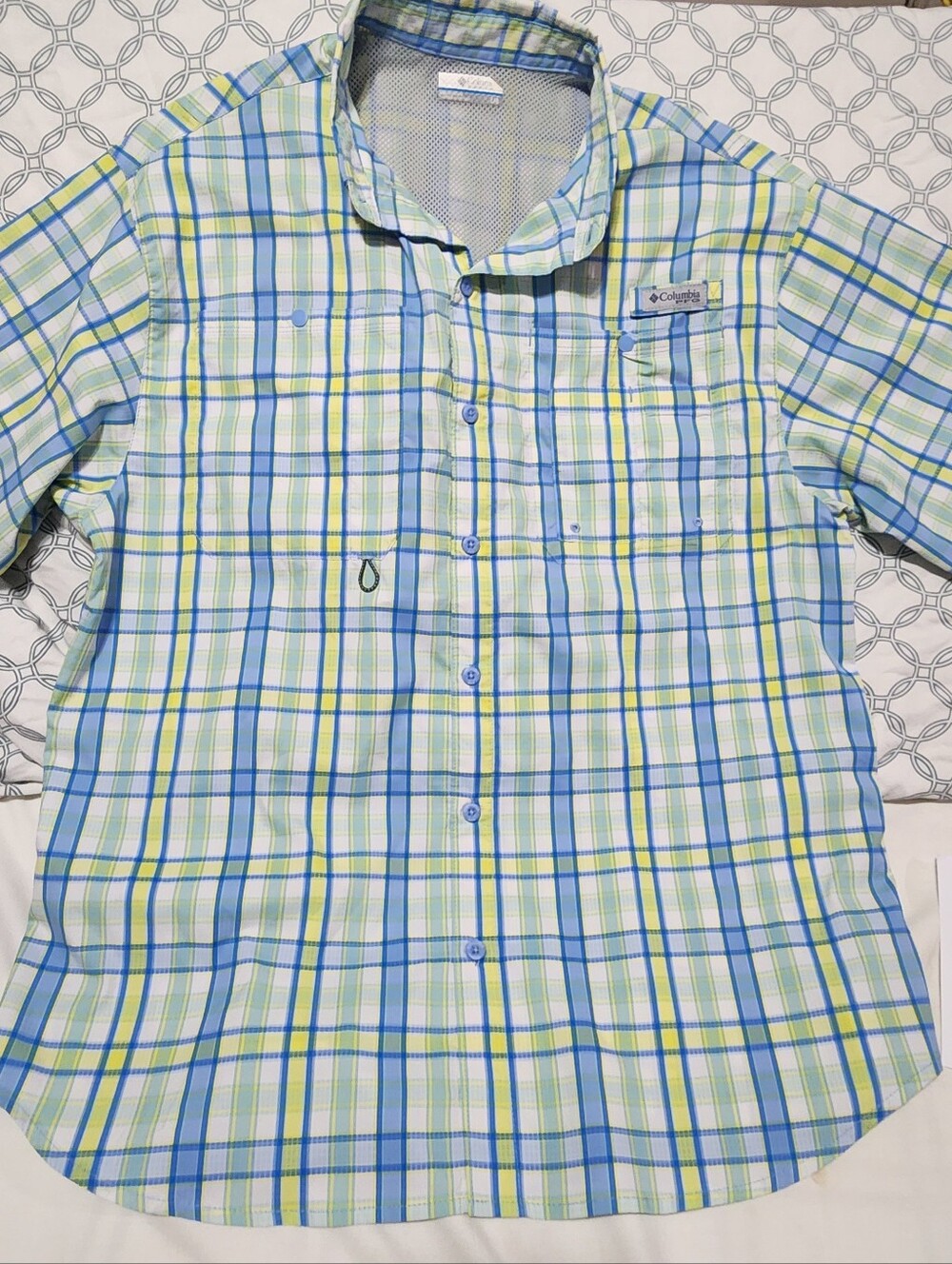Columbia Blue, Green & White Plaid Short-Sleeve Button-Up